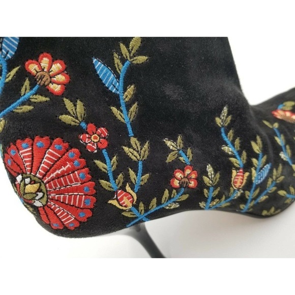 Beverly Feldman Ankle Boots Stiletto Pointed Toe Flower Embroidered Black 5.5 - Picture 6 of 12